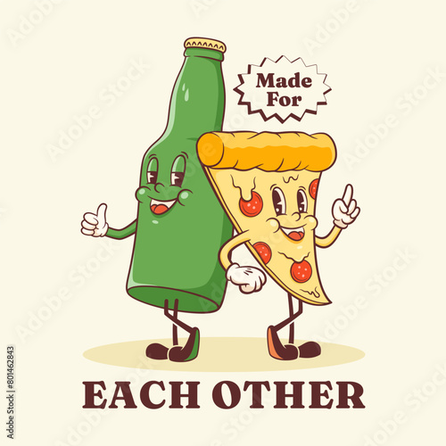 Groovy Pizza and Beer Retro Characters Label. Cartoon Slice and Bottle Walking Smiling Vector Food Mascot Template. Happy Vintage Cool Fast Food Illustration with Typography Isolated (ID: 801462843)