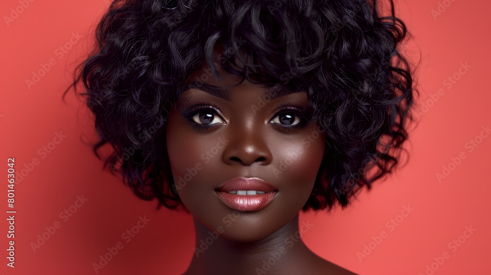 custom made wallpaper toronto digital A woman's face with a short black curly wig is centered against a solid red background