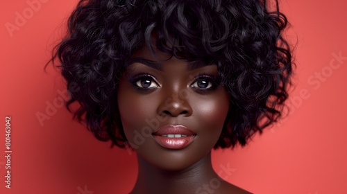  A woman's face with a short black curly wig is centered against a solid red background