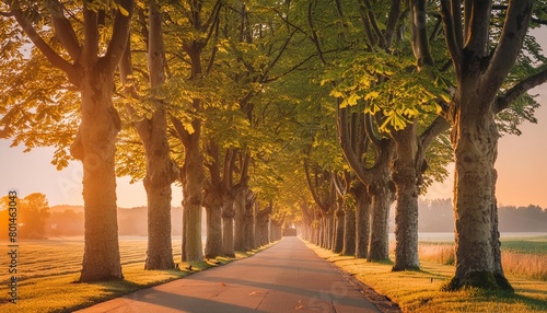 avenue of horse chestnut trees in the warm light of the rising sun photo