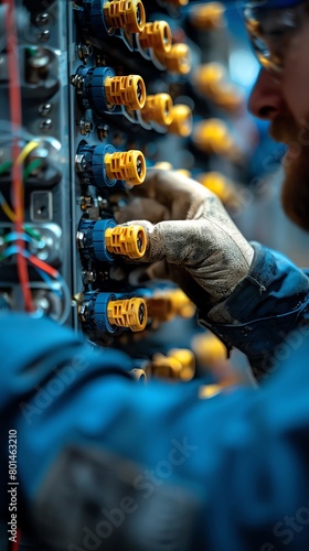 Closeup of a technician securing a new coaxial cable for cable TV and internet, connectors and tools visible