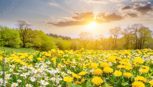 beautiful spring landscape with meadow yellow flowers and daisies blooming in the sun on sun flare background