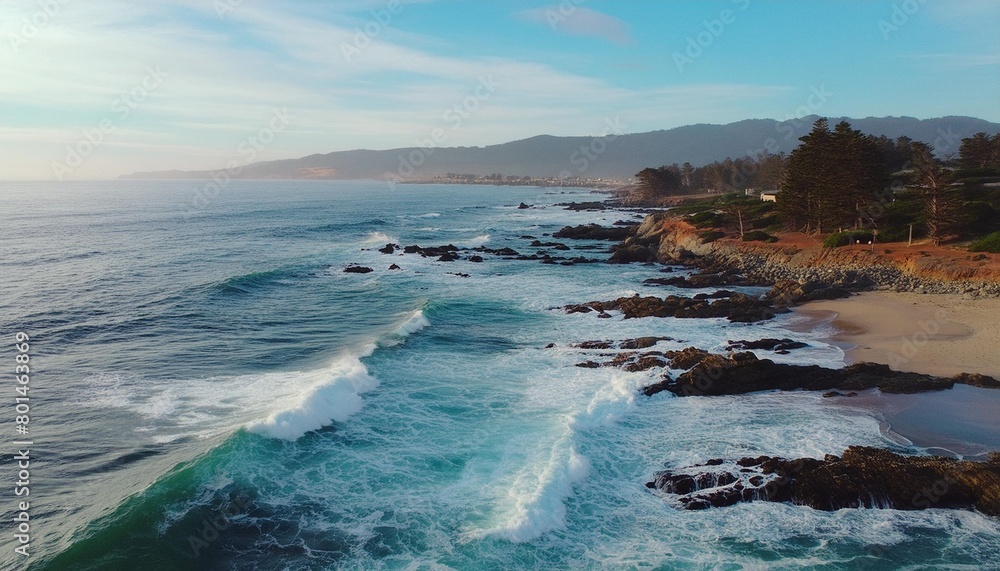 coastal majesty aerial view of ocean blue waves crashing on shoreline rocks