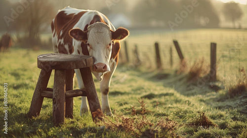 A traditional wooden milking stool perched beside a contented dairy cow, ready for the morning milking. photo