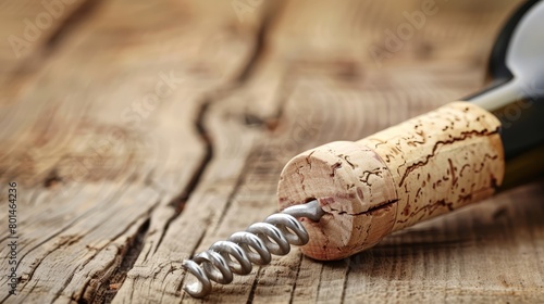  A cork topped with a corkscrew, embedded, on a wooden table near a wine bottle