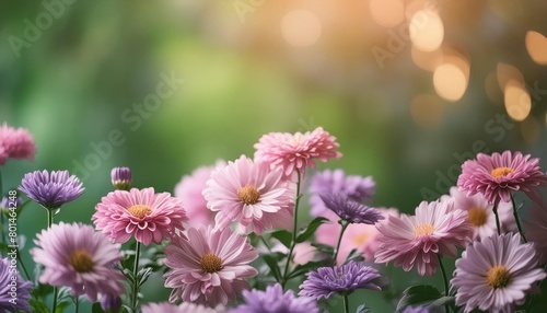 chrysanthemums on a green background chrysanthemums and asters flowers delicate floral background in pastel colors autumn perennial flowers beautiful pink and lilac flowers © Lauren