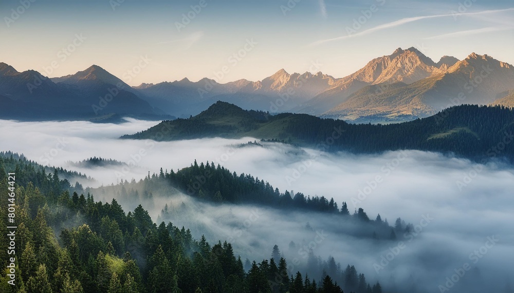 misty illustration of a mountain range in fog creating a majestic atmosphere generative ai