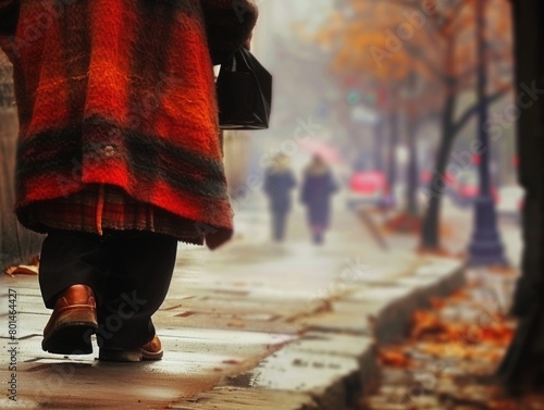 Elderly Man's Winter Walk: Grandpa Chic with Textured Cardigan and Moccasins Against Abstract Modern Backdrop