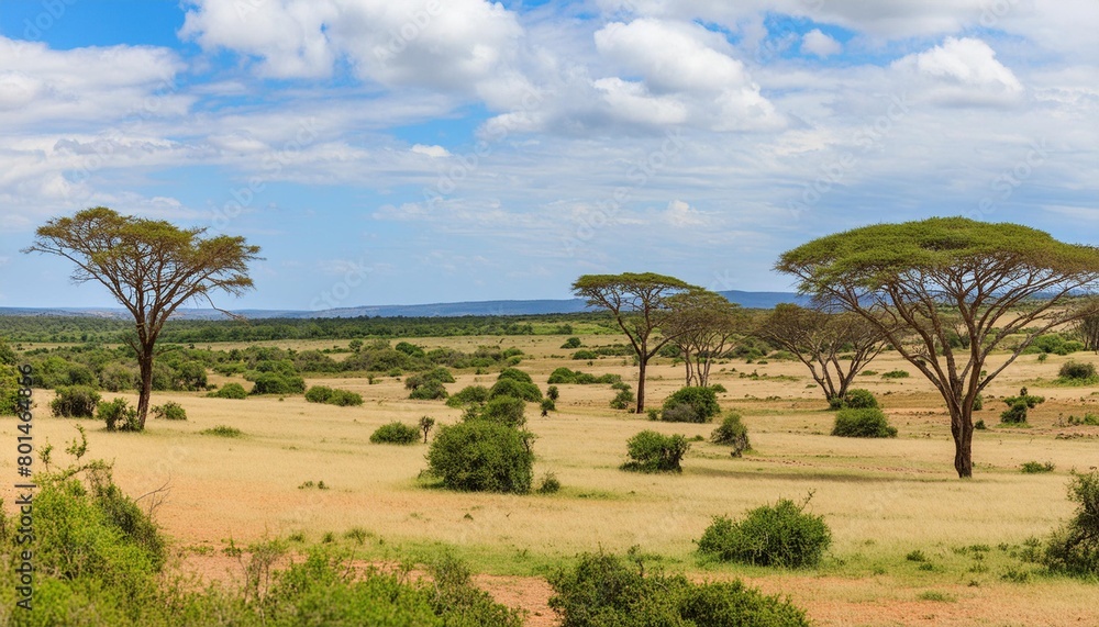wide savanna landscape with acacia trees