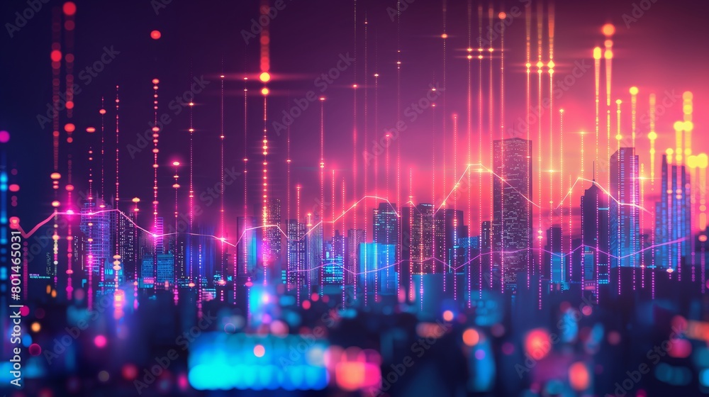 Abstract Digital Skyline With Glowing Pink and Blue Lines Overlapping