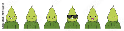 Character cartoon set green pear cute beautiful fruit smiling sad happy joy vector illustration.