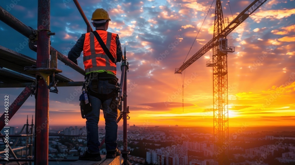 Paint a picture of a worker wearing a hard hat and safety vest, positioned on construction site crane machinery during the mesmerizing sunset