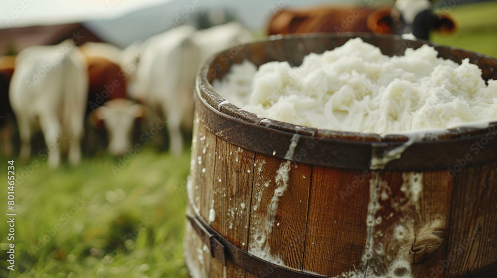 A traditional wooden milk churn brimming with frothy milk, freshly collected from a contented herd of cows.