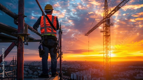 Paint a picture of a worker wearing a hard hat and safety vest, positioned on construction site crane machinery during the mesmerizing sunset © Ammar