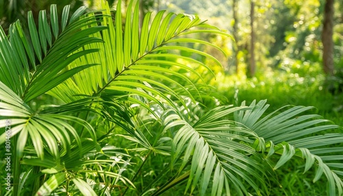 close up of lush green tropical vegetation jungle with palm leaves in sunshine beauty in nature banner concept for wallpaper