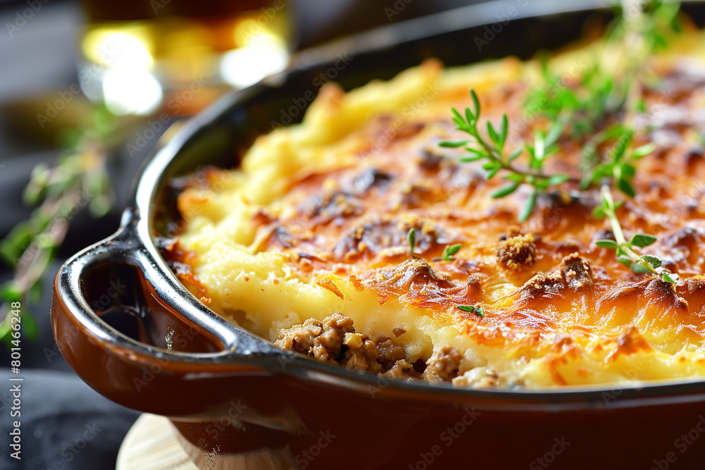 Shepherd's pie, traditional British dish with minced meat and mashed potato Shepherd's pie, traditional British dish with minced meat and mashed potato