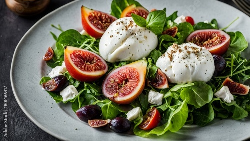 Summer salad with burrata and figs, tomatoes, casserole.