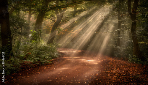 Sunlight filters through trees onto dirt road in woods