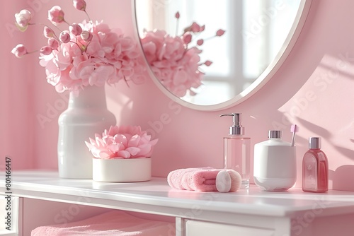 Girlish cute bathroom interior in pastel pink color - cosmetic products for skin and body care and round mirror on soft white wood board, copy space