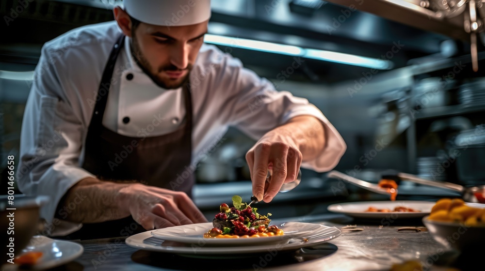 A focused chef carefully plates a gourmet dish in a professional kitchen, exemplifying culinary art and precision. Resplendent.