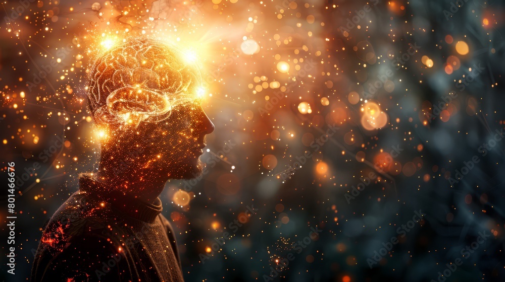 A man's head emits two glowing lights from the top A man's head emits two glowing lights from the top