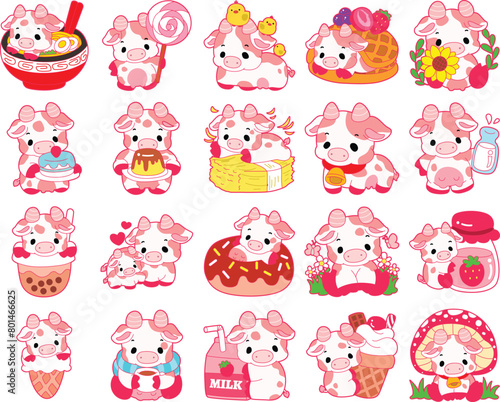 
Pink Cow Strawberry Milk Vector Icon. Pink cute dairy calf cow farm animal. Cute funny cow pink character design.
