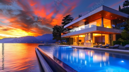 Modern Lake Como mansion with luxurious pool and breathtaking sunset views. Concept Luxury Real Estate, Lakefront Living, Elegant Architecture, Modern Design, Stunning Views