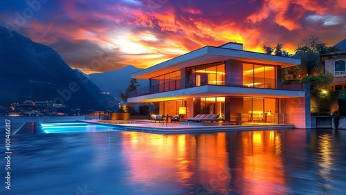 Modern Design Pool and Stunning Sunset Views at a Luxurious Lake Como Mansion. Concept Luxury Vacation Rental, Lake Como Mansion, Sunset Views, Modern Design, Private Pool © Ян Заболотний
