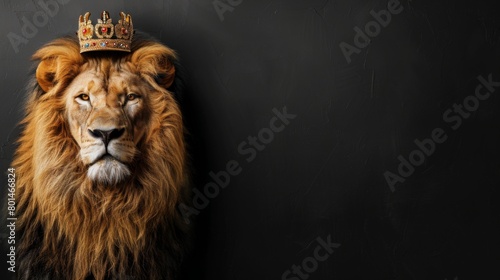 Lion with king crown on a black background with copy space photo
