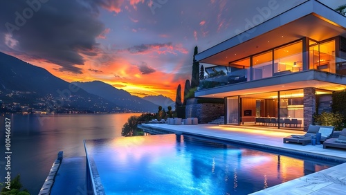 Stunning Lake Como Mansion with Modern Pool and Sunset Views. Concept Luxury Getaway, Lakeside Living, Modern Design, Relaxation Retreat, Stunning Sunsets