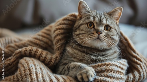 A cat wearing a sweater is sitting in the grass