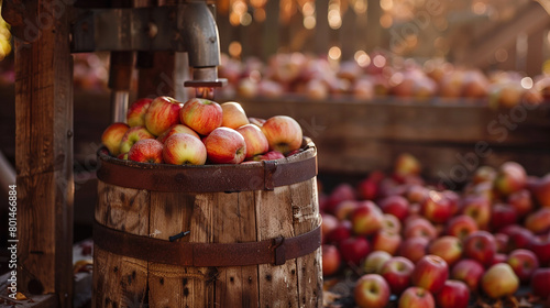 A vintage wooden cider press surrounded by bushels of ripe apples, ready to be transformed into sweet cider. photo