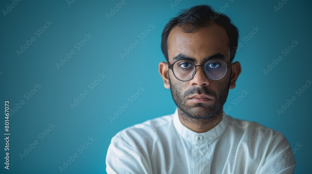 A man in glasses, wearing a white shirt, crosses his arms and gazes at the camera A man in glasses, wearing a white shirt, crosses his arms and gazes at the camera