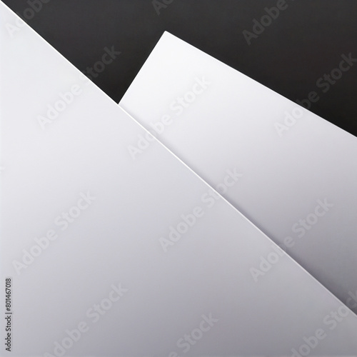 Two white paper sheets on dark gray background. Flyer or blank realistic mock up. Backdrop closeup. AI