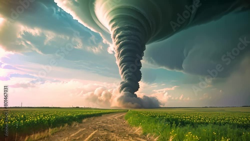 A massive tornado swirls in the air, erupting from a massive cloud formation, A majestic tornado forming over calm farmlands photo