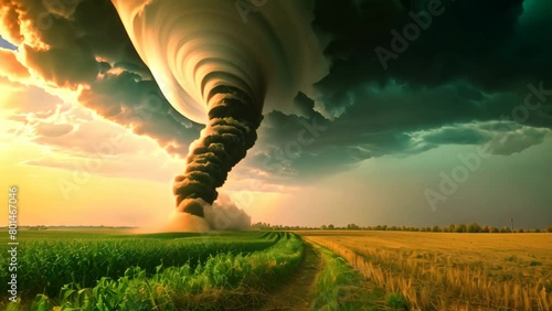 A menacing tornado emerges from the sky, poised to unleash its destructive force upon an unsuspecting field, A majestic tornado forming over calm farmlands photo