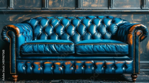   A blue leather couch faces a wall with clocks on its side and backrest photo