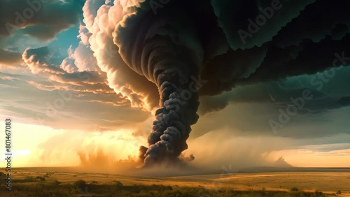 A large and powerful tornado cloud looms menacingly over an expansive field, posing a threat to the nearby surroundings, A massive twister ripping across open plains photo