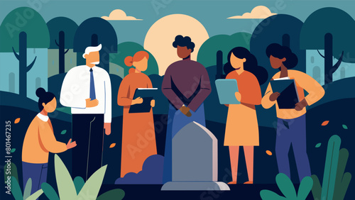 A group of friends take a trip to visit the burial sites of their ancestors paying their respects and learning more about their past.. Vector illustration