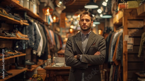 A man stands in a clothing store with his arms crossed