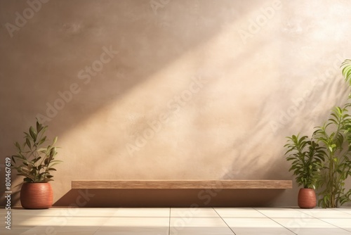 Brown minimalistic abstract empty stone wall mockup background for product presentation. Neutral industrial interior with light, plants, and shadow