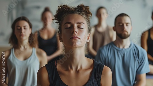 group meditation in yoga studio men and women breathing with closed eyes breathwork concept