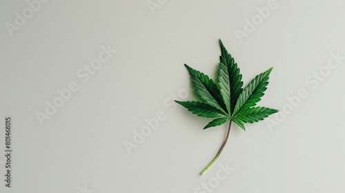 Paint a visual of a solitary green cannabis leaf against a clean white backdrop  illustrating the growth and cultivation of medical marijuana