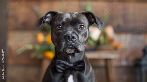 A dog with a red and black collar is looking at the camera