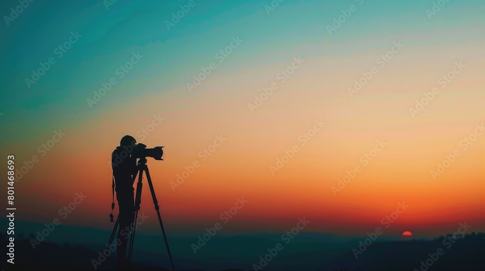 Paint a visual of the silhouette of a camera mounted on a tripod, set against the smooth gradient of orange and blue dawn sky