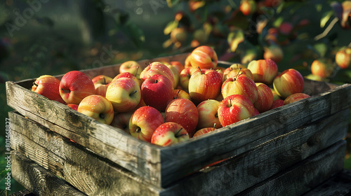 A wooden crate overflowing with vibrant  freshly picked apples  each one polished to perfection.