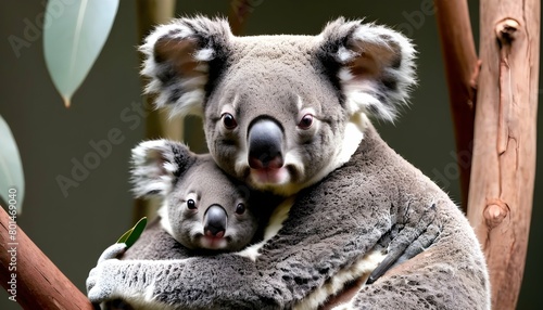 A Koala With Its Baby Joey Nestled Against Its Che