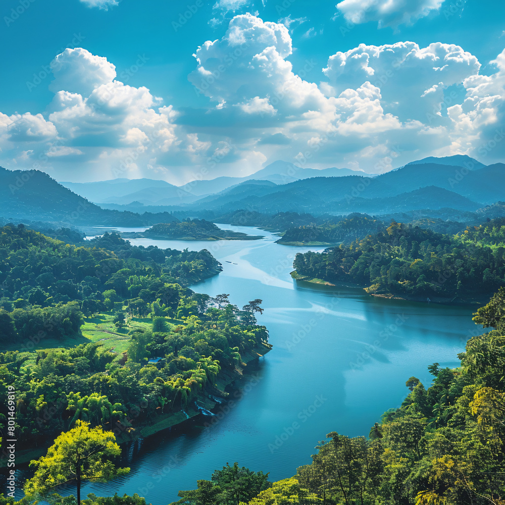 Obraz premium blue sky with white clouds, wide angle view of the landscape of Thailand and an Indian style lake in front of it, surrounded by greenery and mountains, blue water surface