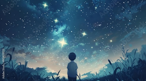 illustration of a boy gazing at a starry night sky with a glittering galaxy and flickering stars above evoking themes of prayer hope love and peace digital illustration