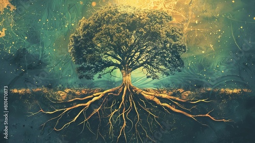 intricate tree of life illustration with sprawling roots symbolizing growth connection and resilience photo